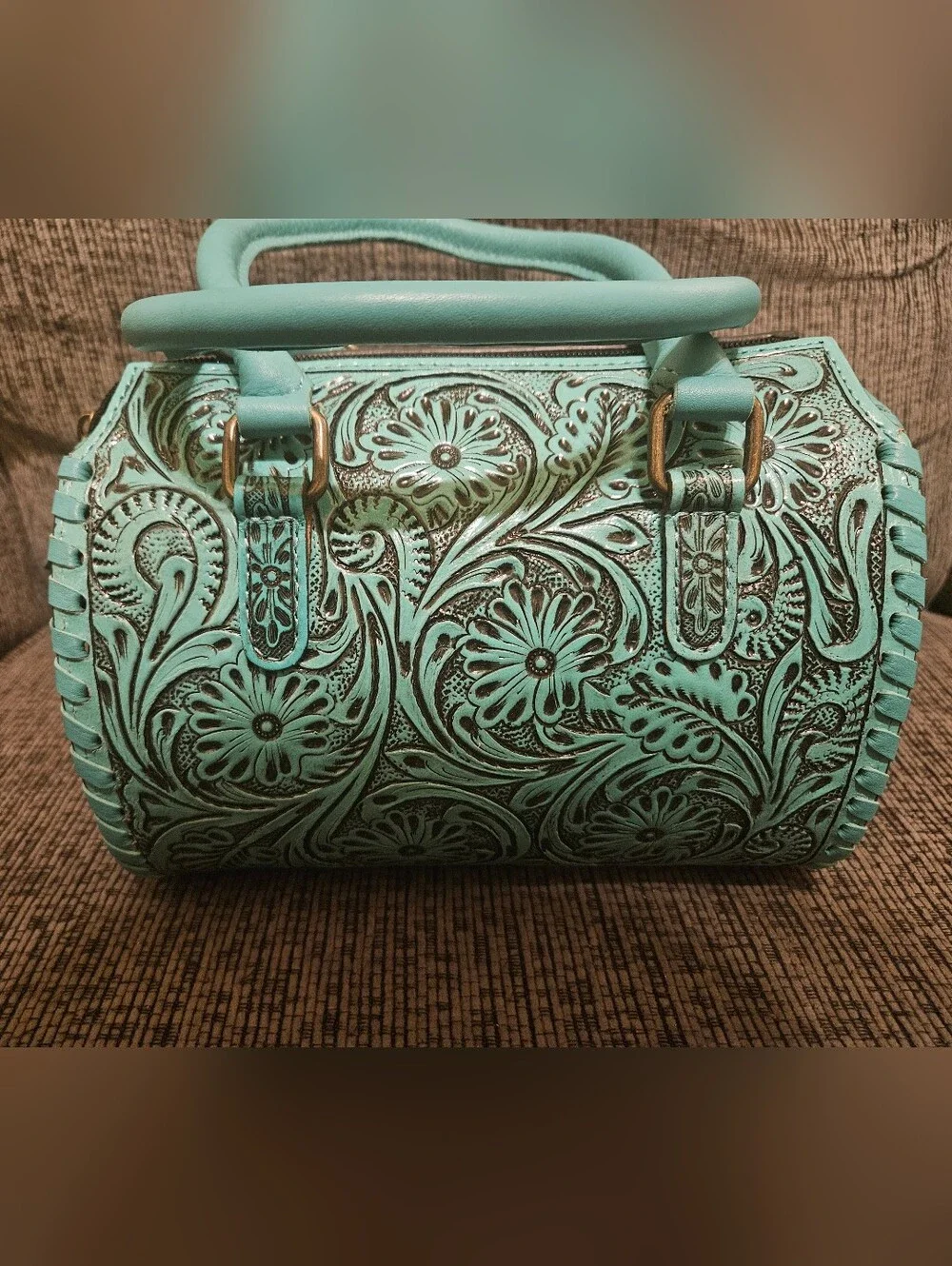 Turquoise Tooled Floral Leather Accent Bag | Small Speedy